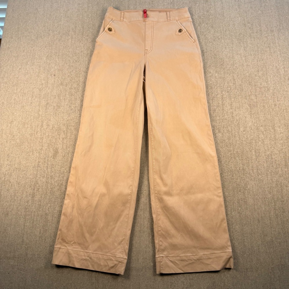 Spanx Wide Leg Pants Women M Tall Tan Beige Stretch Twill High Rise Wide Leg